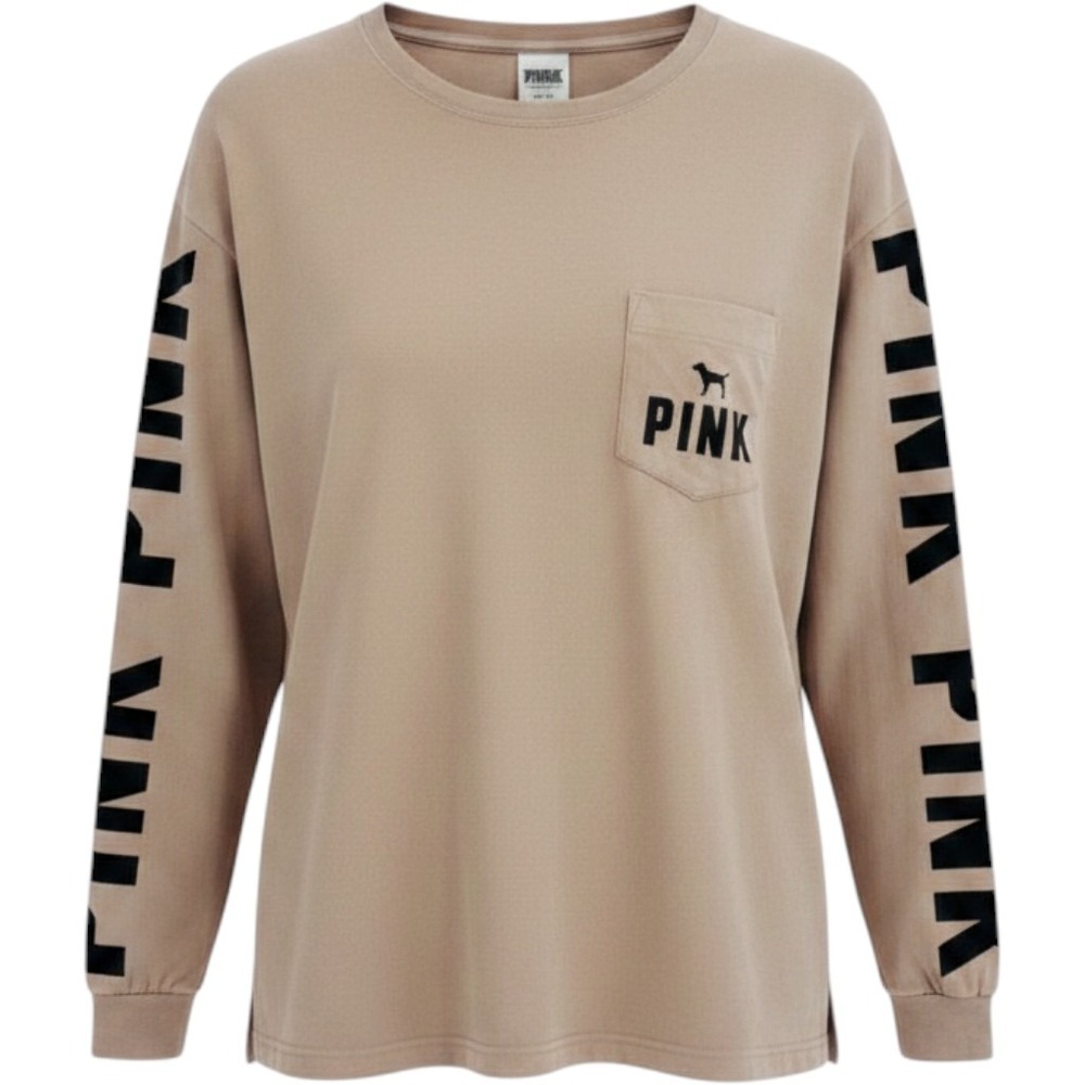 PINK Victoria Secret Top Womens XS Taupe Long Sleeve Pocket Tee Graphic Logo
